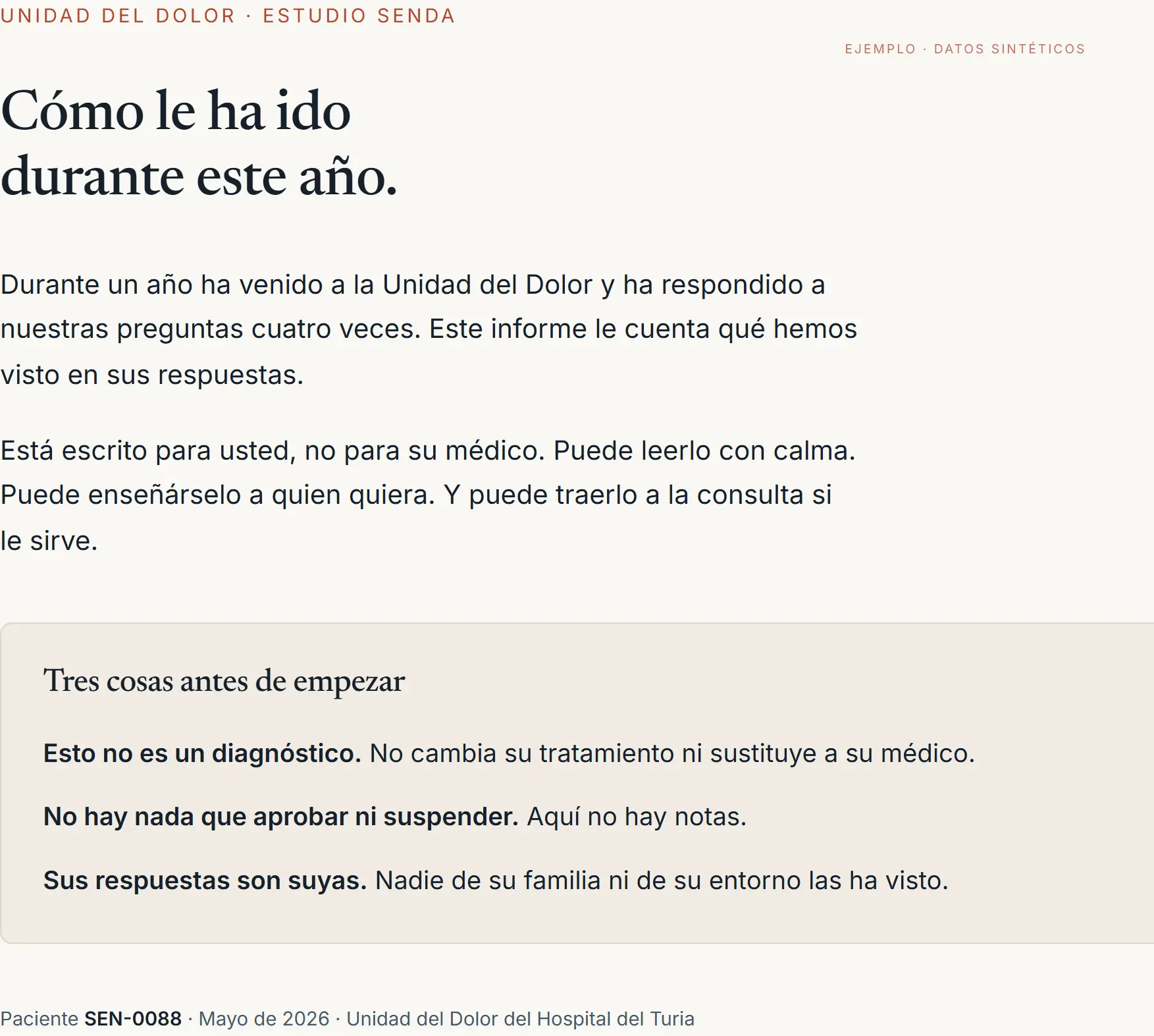 Primera página del informe de ejemplo: Dolor crónico en una unidad hospitalaria